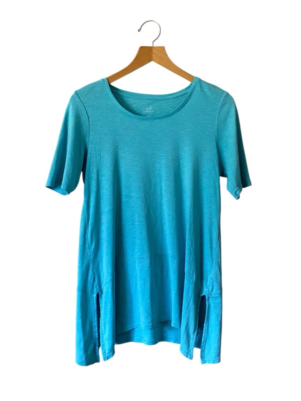 J Jill Blue Top Sz M 100% Pima Cotton T Shirt Side Slit Blue Lagenlook Coastal